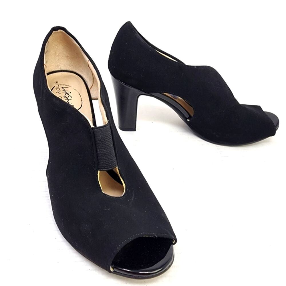 Lifestride Simply Comfort Black Suede Stretch Heels Peep‎ Toe Women's Size 7.5